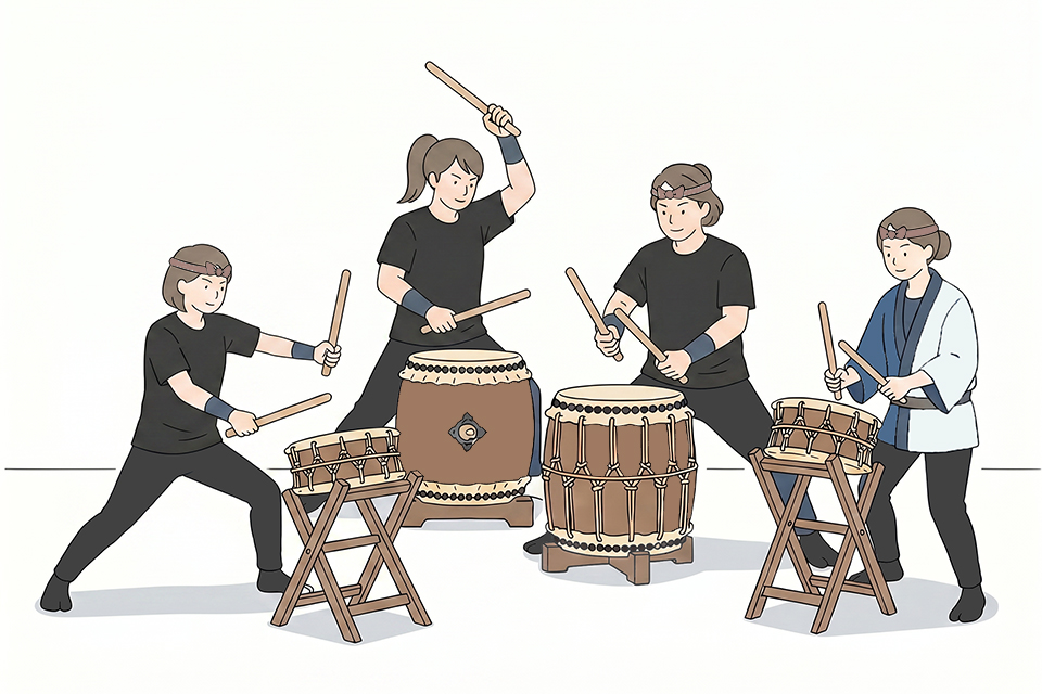 太鼓を演奏する4人の人